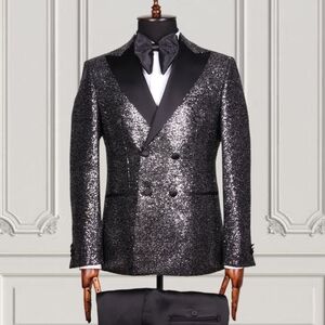 Elegant Silver Sequin Tuxedo Blazer With Black Pants
